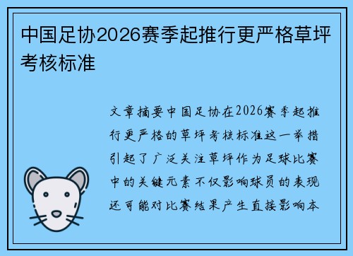中国足协2026赛季起推行更严格草坪考核标准