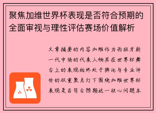 聚焦加维世界杯表现是否符合预期的全面审视与理性评估赛场价值解析